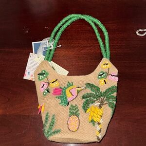 Tropical Beaded canvas Tote - Green Handles